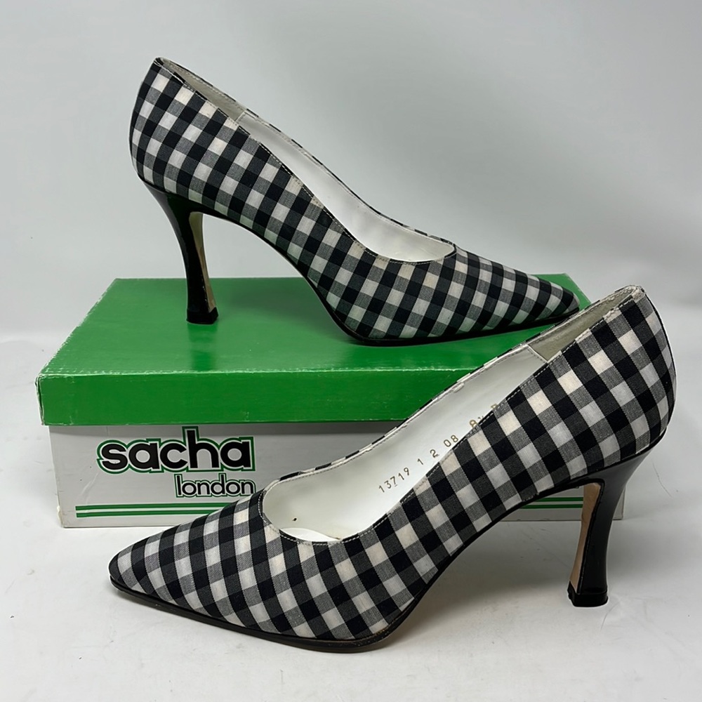 SACHA LONDON GINGHAM BLACK WHITE PATENT HEELS SIZE 8.5 Made In Spain